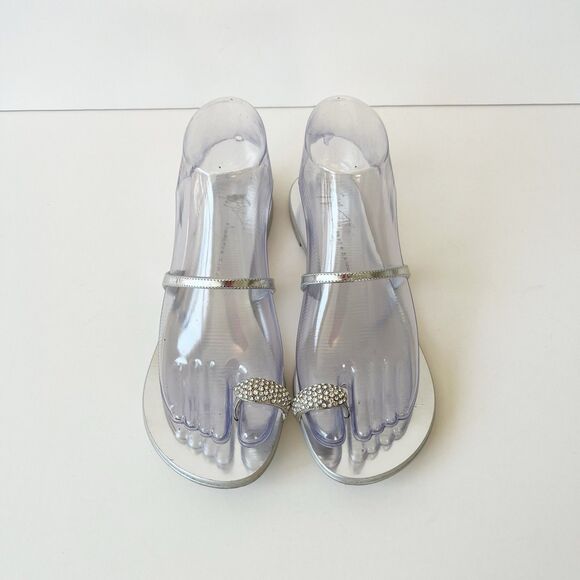 Giuseppe Zanotti Ring Silver Flat Sandals Crystal Embellished Toe Size 6/36 - Picture 9 of 14